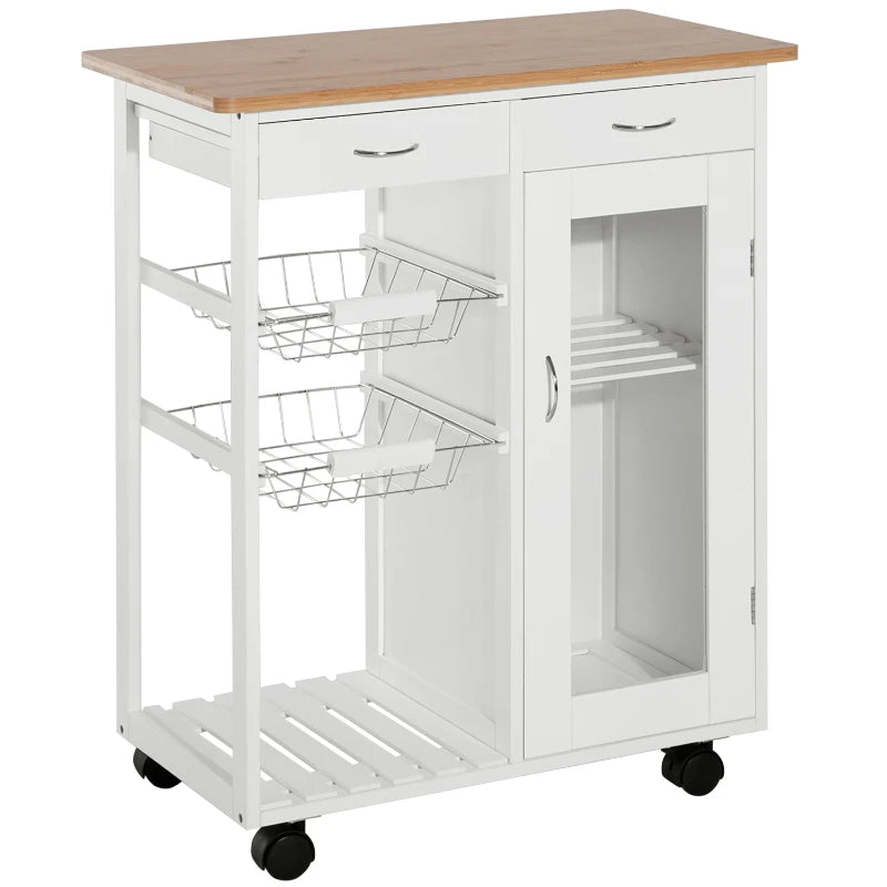 HOMCOM Bamboo Rolling Kitchen Island Trolley Storage Cart with Granite Top, a Slide-Out Basket & Wine Storage Rack