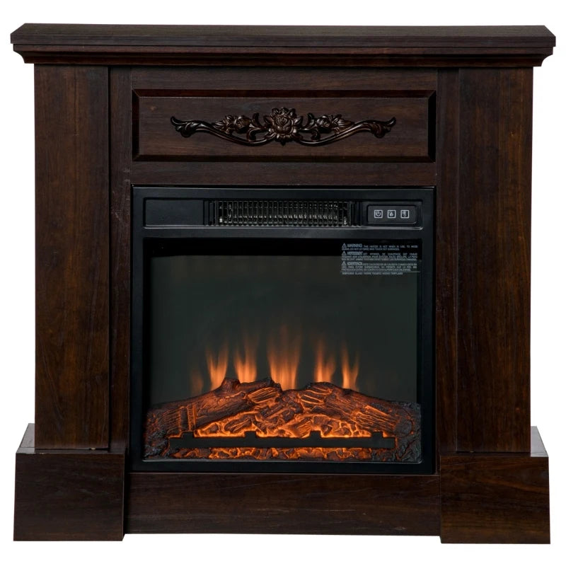 HOMCOM 32" Electric Fireplace with Mantel, Freestanding Heater with LED Log Flame, Overheat Protection and Remote Control, 1400W, Brown