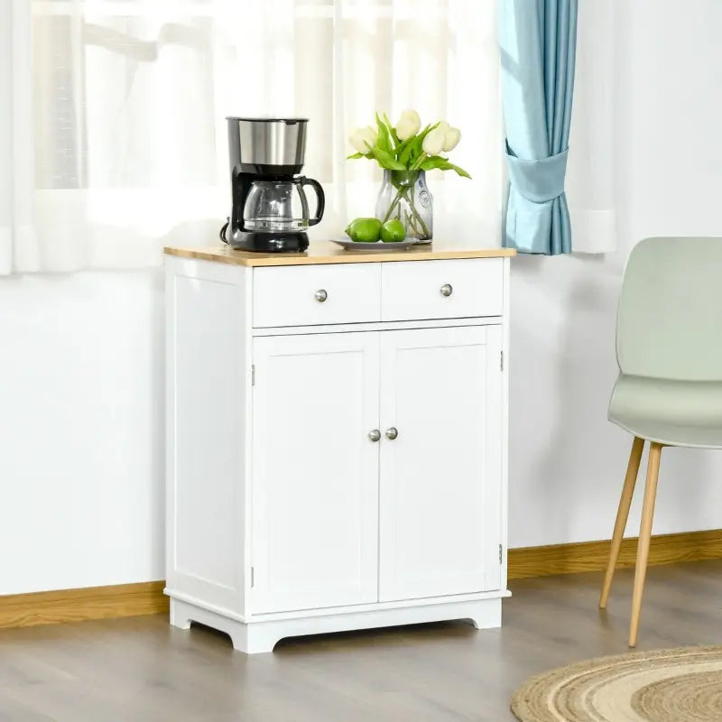 HOMCOM Kitchen Storage Cabinet, Sideboard Floor Cupboard with Solid Wood Top, Adjustable Shelf, and 2 Drawers for Living Room, and Hallway, White