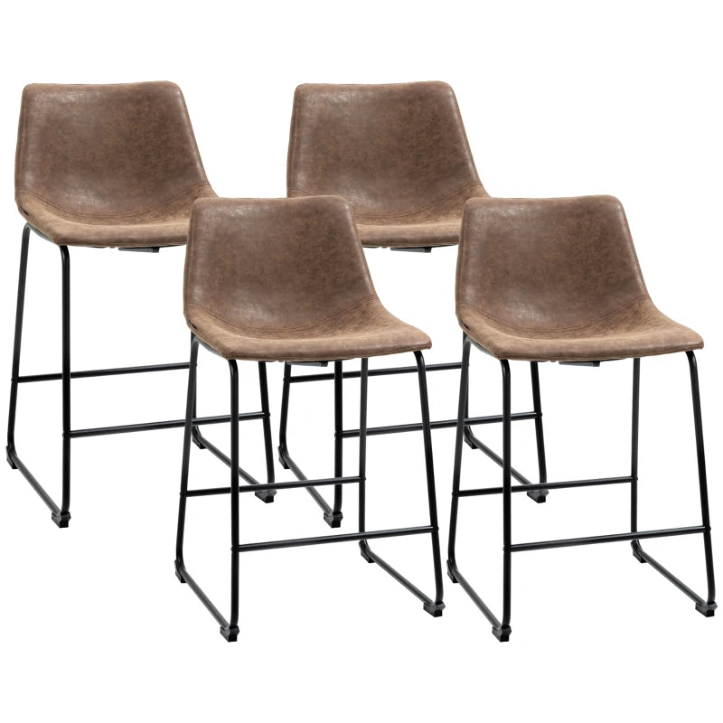 HOMCOM Counter Height Bar Stools, Vintage PU Leather Barstools with Footrest for Dining Room, Home Bar, Kitchen, Set of 4, Brown