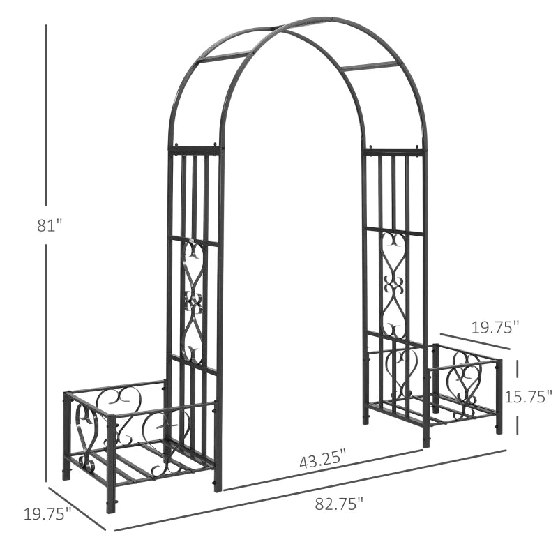 Outsunny 7' Metal Garden Arbor, Garden Arch with Gate, Scrollwork Hearts, Latching Doors, Planter Boxes for Climbing Vines, Ceremony, Weddings, Party, Garden, Backyard, Lawn, Black