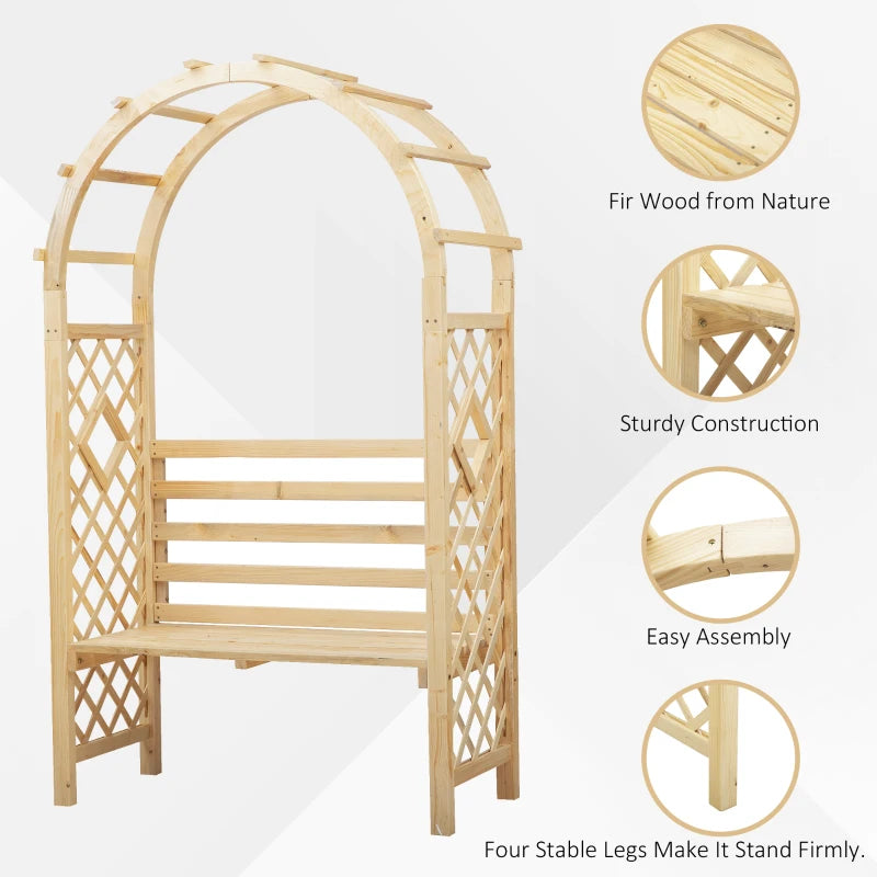 Outsunny Outdoor Garden Bench Arch Pergola with Natural Fir Wood Build, Protective Varnish, & 2 Person Ergonomic Bench