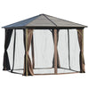 Outsunny 10' x 10' Hardtop Gazebo with Curtains and Netting, Permanent Pavilion Metal Roof Gazebo Canopy with Aluminum Frame, for Garden, Patio, Backyard, Deck, Dark Brown