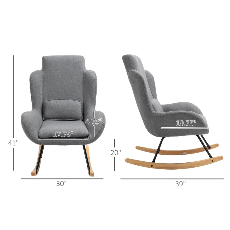 HOMCOM Modern Rocking Chair with Removable Lumbar Pillow Fabric Sofa Armchair with Thick Padding, Metal Frame, Wood Base for Living Room, Light Grey