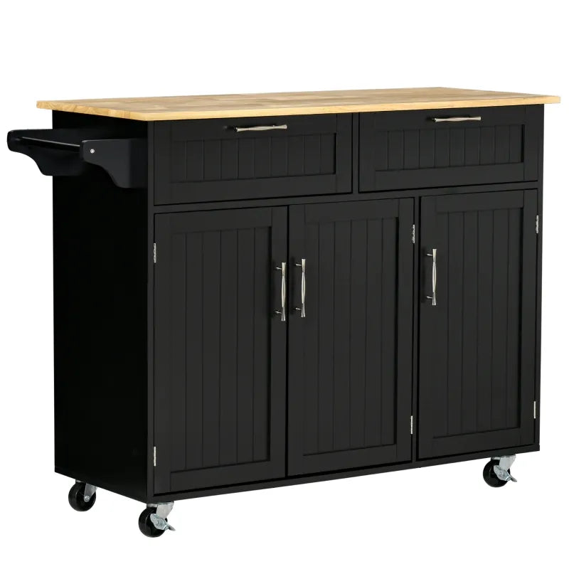 HOMCOM 48" Modern Kitchen Island Cart on Wheels with Storage Drawers, Rolling Utility Cart with Adjustable Shelves, Cabinets and Towel Rack, Black