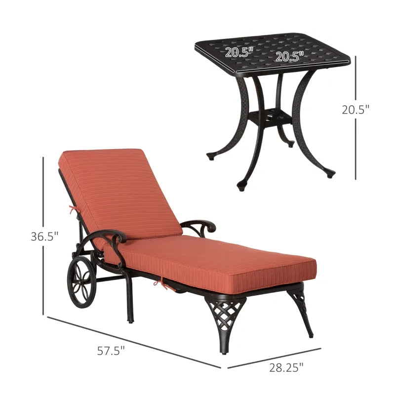 Outdoor 4-Position Heavy Duty Folding Chaise Lounge Chair Set, Recliner with Table, Lightweight Portable Aluminum Outdoor Pool Chair with Wheels & Stylized Frame for Sunbathing, Red