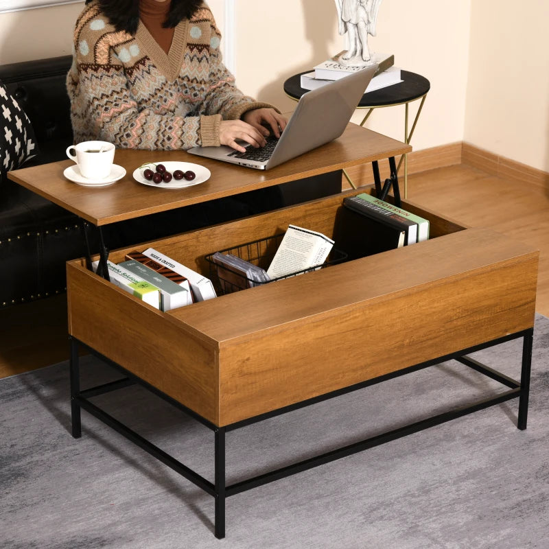 HOMCOM Modern Lift Top Coffee Table with Hidden Storage Compartment and Steel Legs for Living Room, Reception Room, Brown