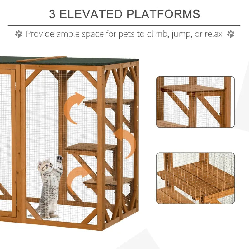 PawHut Wooden Outdoor Cat House Catio Kitten Enclosure Indoor Cage with Asphalt Roof, Multi-Level Platforms and Large Enter Door - 71"L, Orange