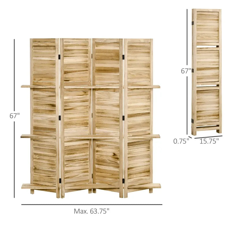 HOMCOM 4 Panel Folding Room Divider, 5.5ft Freestanding Paulownia Wood Wall Divider Panel with Storage Shelves for Bedroom or Office, Walnut Wood