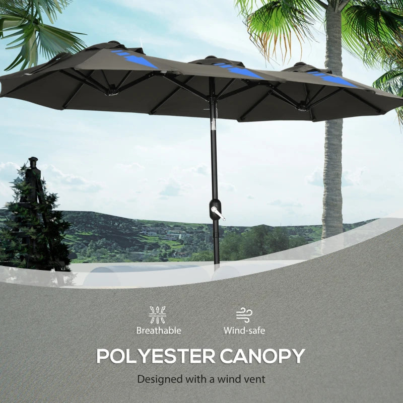 Outsunny Double-sided Patio Umbrella 9.5' Large Outdoor Market Umbrella with Push Button Tilt and Crank, 3 Air Vents and 12 Ribs, for Garden, Deck, Pool, Gray