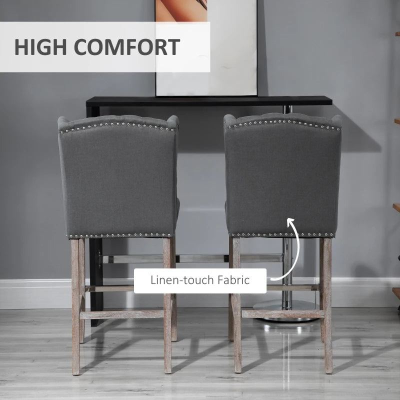 HOMCOM Swivel Bar Stools, Set of 2, Fabric Tufted Counter Height Bar Stools with Rubber Wood Legs and Footrest, Dark Grey