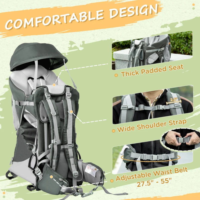 Qaba Baby Backpack Carrier for Hiking with Detachable Canopy, Foldable Child Carrier Outdoor with Adjustable Waist Belt, Safety Belts, Storage Pockets, for 6-36 Months, up to 40 lbs