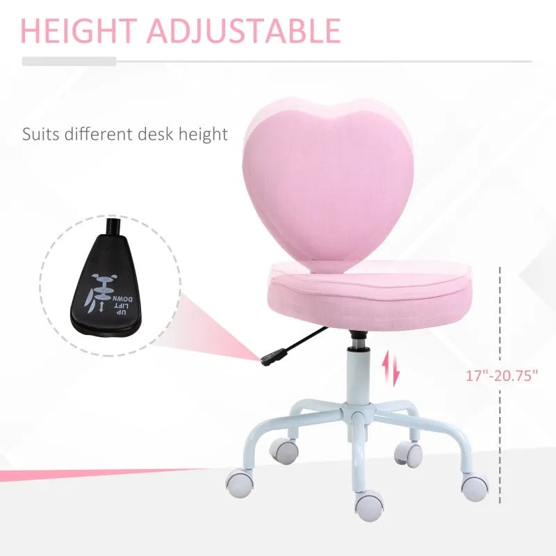 HOMCOM Heart Shaped Back Design Office Chair with Adjustable Height and 360 Swivel Castor Wheels - Pink