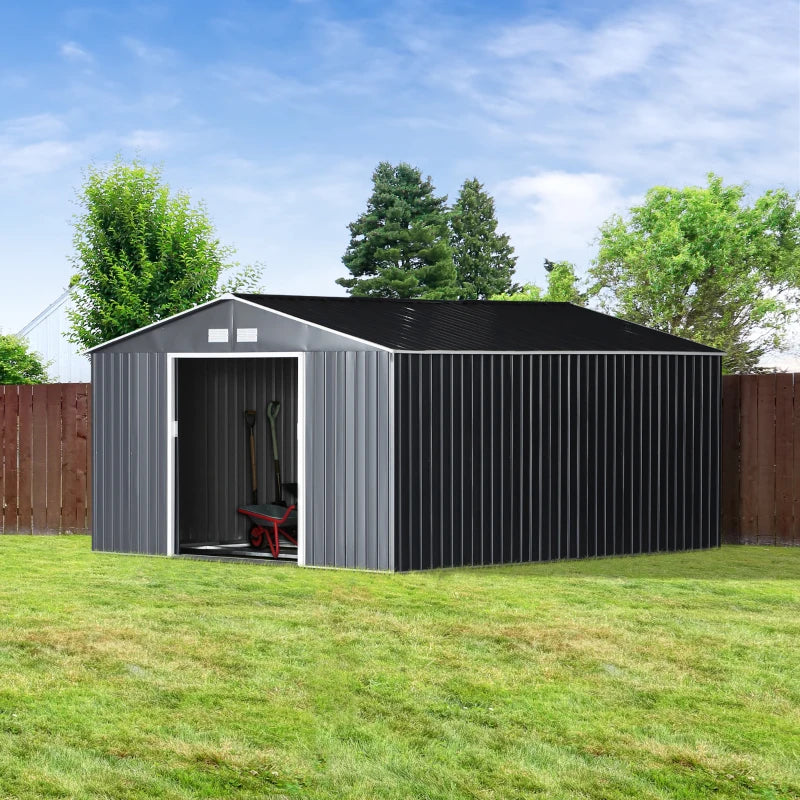 Outsunny 9' x 6' Metal Storage Shed Garden Tool House with Double Sliding Doors, 4 Air Vents for Backyard, Patio, Lawn Grey