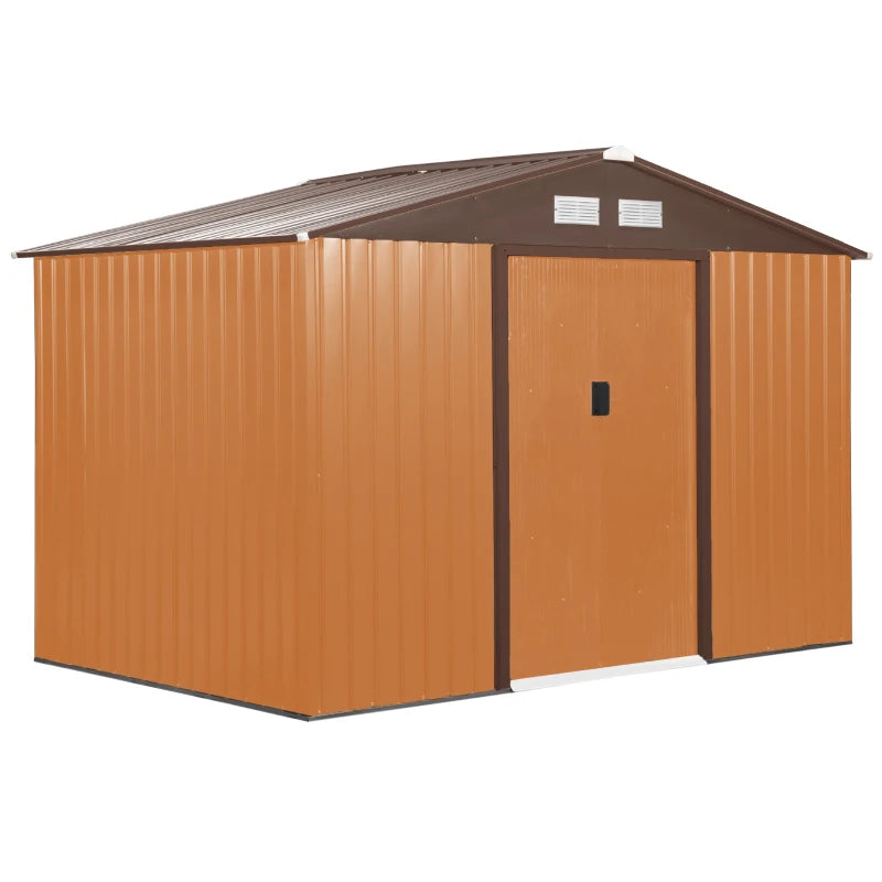 Outsunny 9' x 6' Metal Storage Shed Garden Tool House with Double Sliding Doors, 4 Air Vents for Backyard, Patio, Lawn Brown