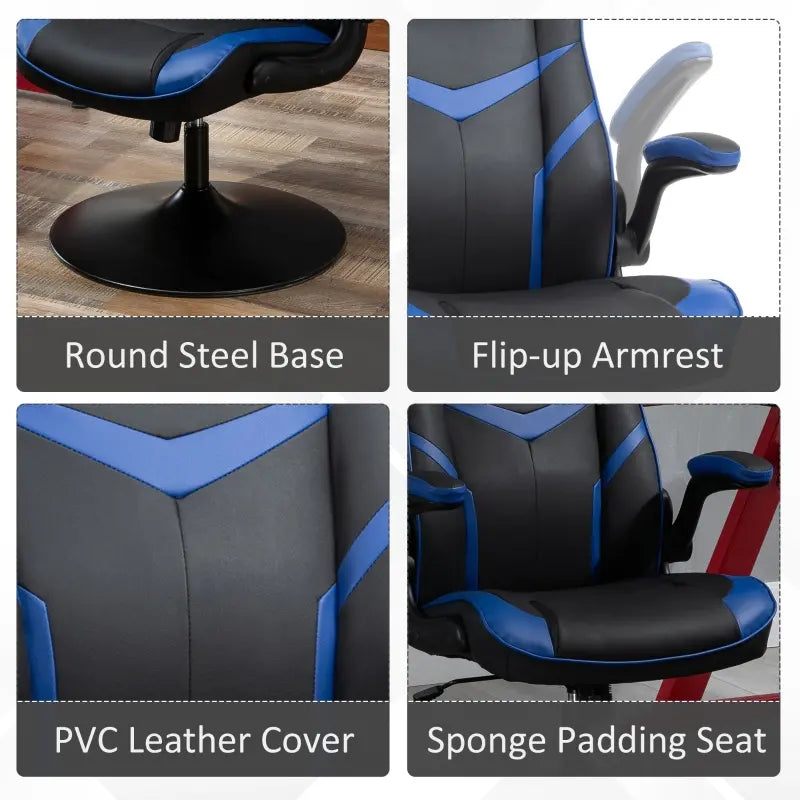 Vinsetto High Back Video Gaming Chair Height Adjustable Flip-up Armrest 360° Swivel with Pedestal Base - Black & Blue