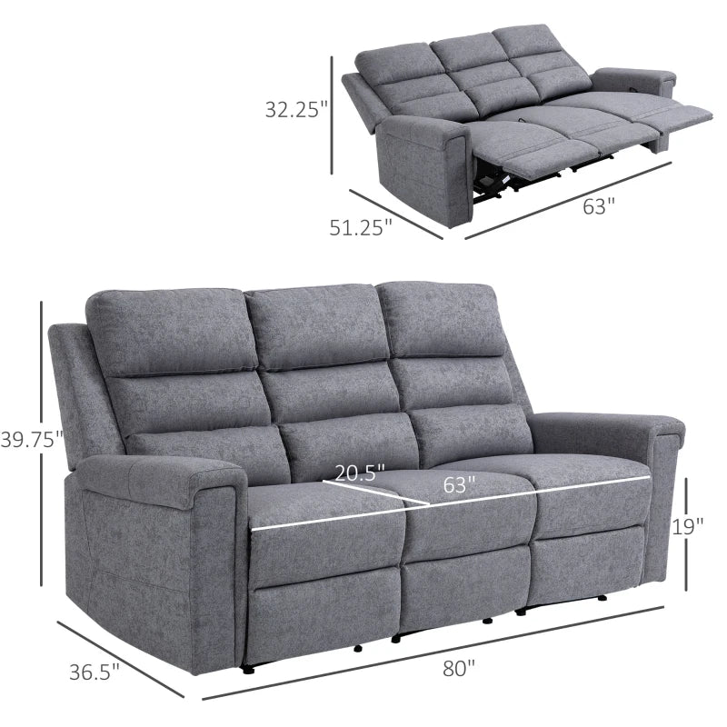 HOMCOM Recliner Sofa Couch with Easy Pull Handles and Adjustable Footrest, 3 Seater Sofa Modern Couch, Gray