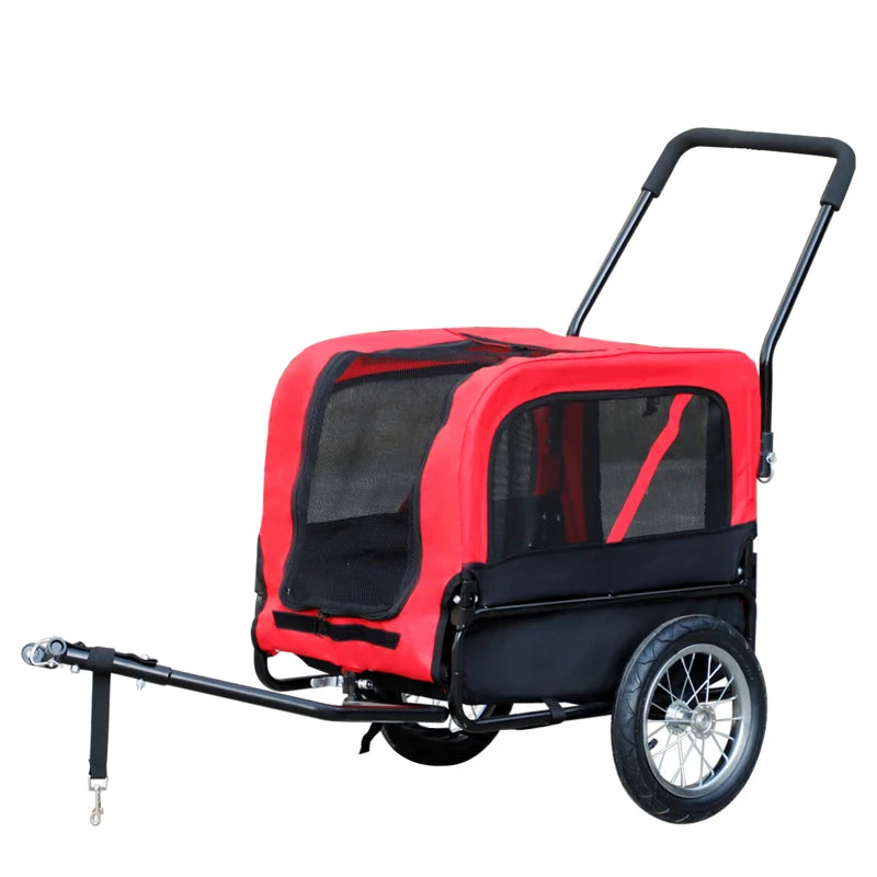 ShopEZ USA Dog Bike Trailer Pet Cart Bicycle Wagon Cargo Carrier Attachment for Travel with 3 Entrances Large Wheels for Off-Road & Mesh Screen - Red/ Black