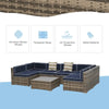 Outsunny 7 Piece Outdoor Patio Furniture Set, PE Rattan Wicker Sectional Sofa Set with Couch Cushions, Throw Pillows and Coffee Table, Dark Brown, Light Blue