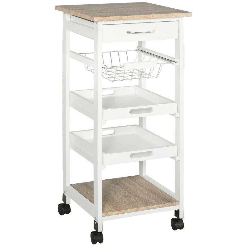 HOMCOM Mobile Rolling Kitchen Island Trolley Serving Cart with Underneath Drawer & Slide-Out Wire Storage Basket - White