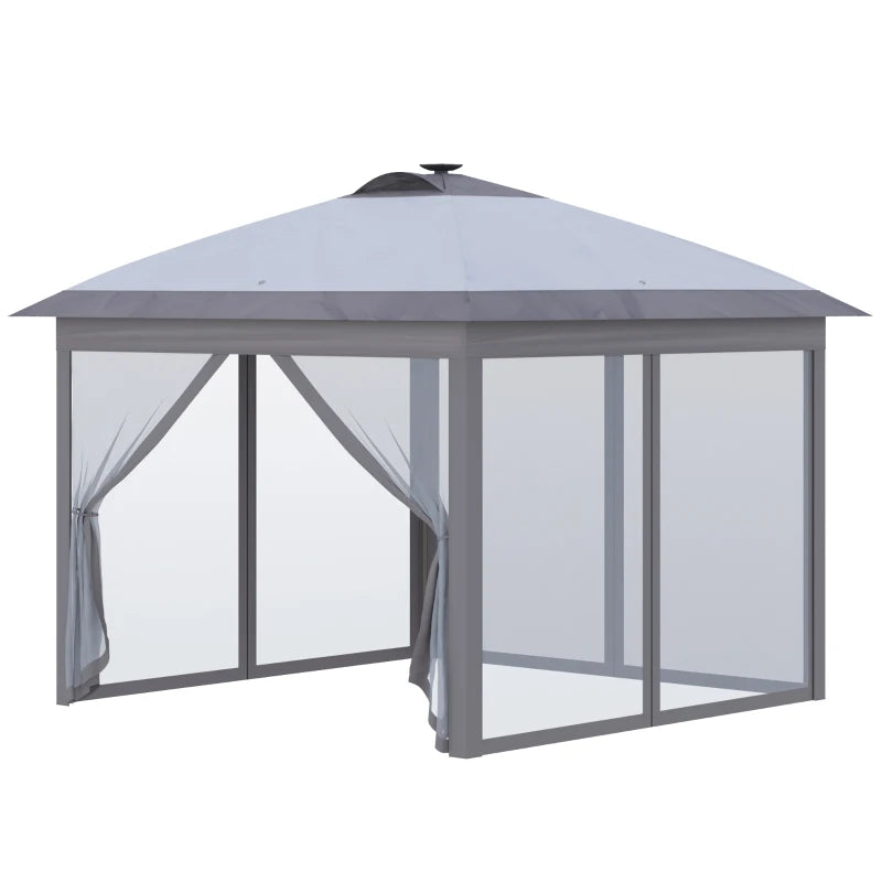 Outsunny 13' x 13' Pop Up Gazebo with Netting, Instant Canopy Tent Shelter with 2-Tier Roof,  Wheeled Carry Bag, Water/Sand Bag for Outdoor, Garden, Parties, Beige