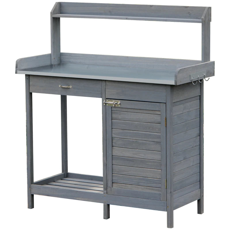 Outsunny Garden Potting Bench Table with Lockable Storage Cabinet and Open Shelf, Outdoor Planting Workstation with Steel Tabletop, Grey