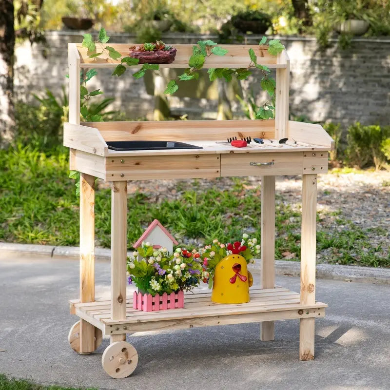 Outsunny Outdoor Potting Bench with Sliding Tabletop, Storage Shelf and Dry Sink, 2-Level Gardening Table, Wooden Workstation for Greenhouse, Garden, Patio, Gray
