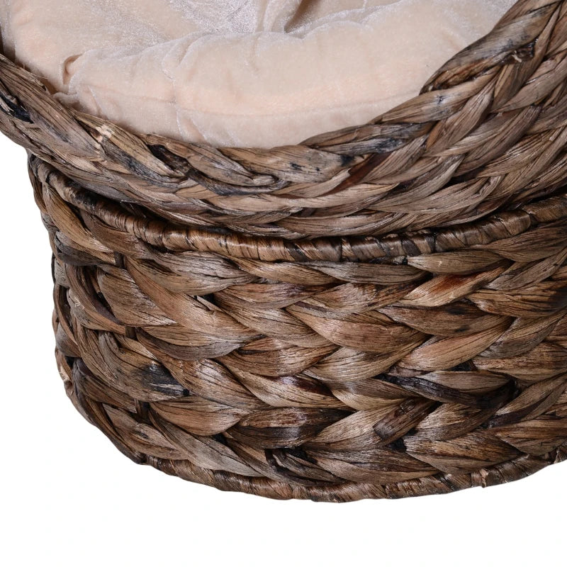 PawHut Weaved Elevated Cat Bed, Hand Made Braided Banana Leaf Pet House Nest with Cushion for Kitten, 23.5" H, Brown