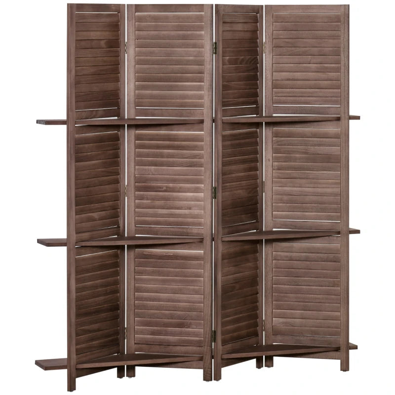 HOMCOM 4 Panel Folding Room Divider, 5.5ft Freestanding Paulownia Wood Wall Divider Panel with Storage Shelves for Bedroom or Office, Natural Wood