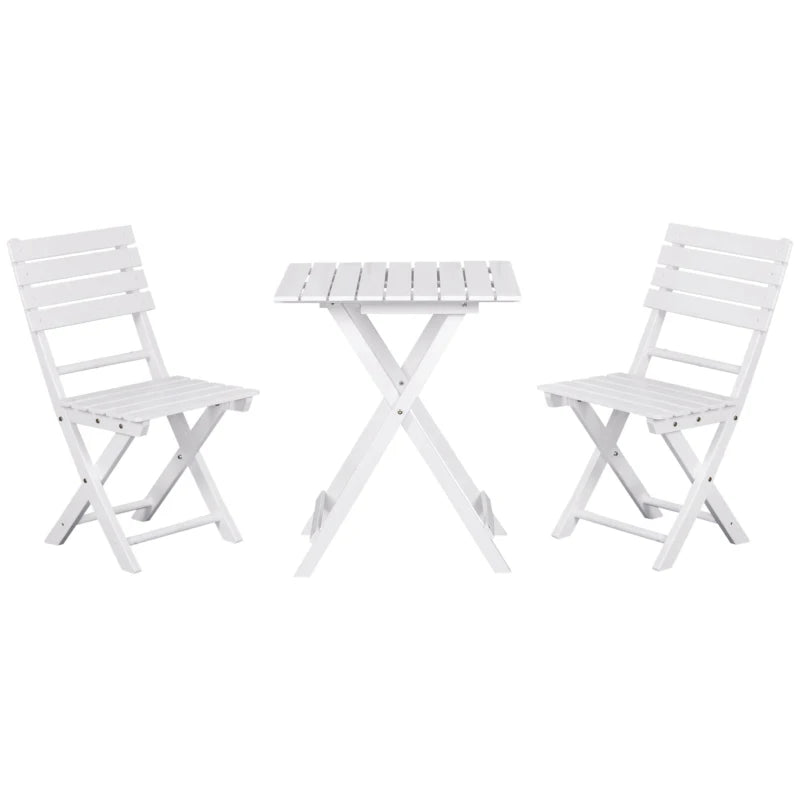 Outsunny 3-Piece Pine Wood Bistro Set, Foldable Patio Furniture with 2 Folding Chairs and Square Coffee Table, Slatted Finish, for Backyard, Balcony, Deck, White