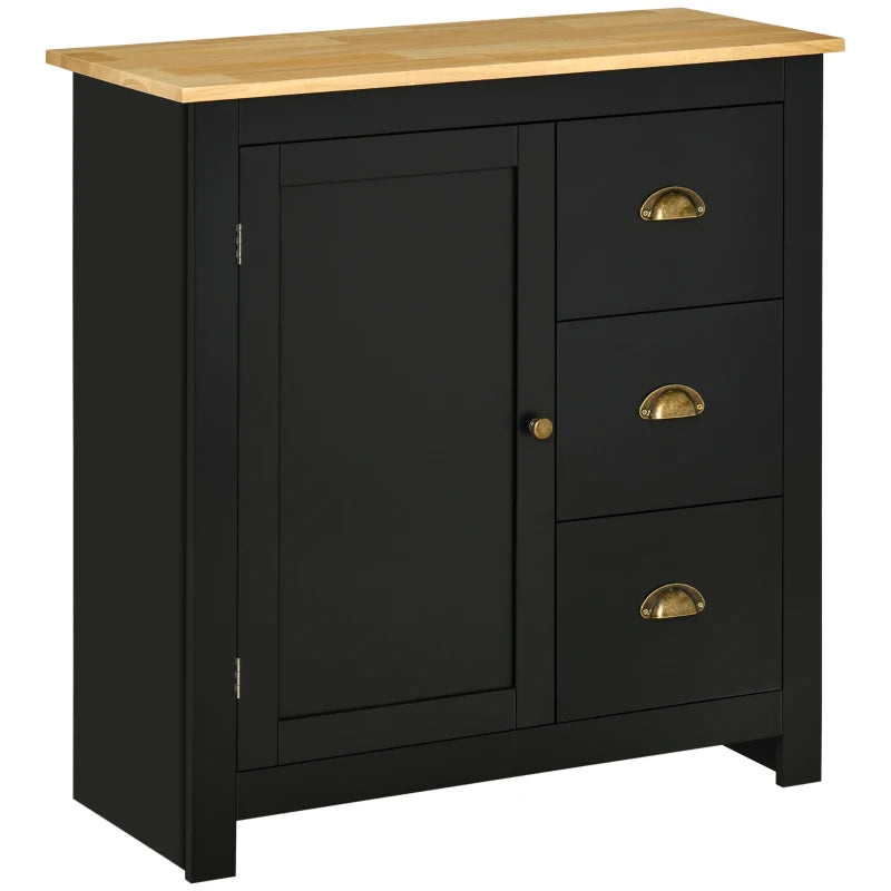 HOMCOM Modern Kitchen Cabinet, Storage Sideboard, Buffet Table with Rubberwood Top, 3 Drawers and Cabinet with Adjustable Shelf, Black