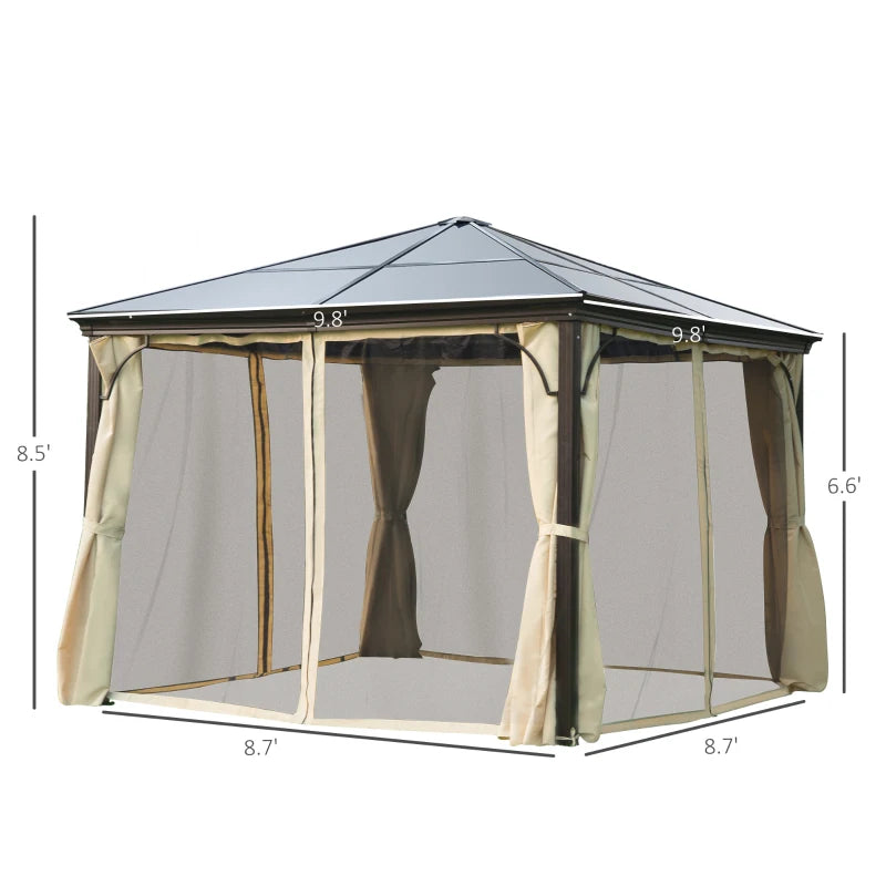 Outsunny 10' x 12' Hardtop Gazebo Canopy with Polycarbonate Roof, Aluminum Frame, Permanent Pavilion Outdoor Gazebo with Netting and Curtains for Patio, Garden, Backyard, Lawn, Deck