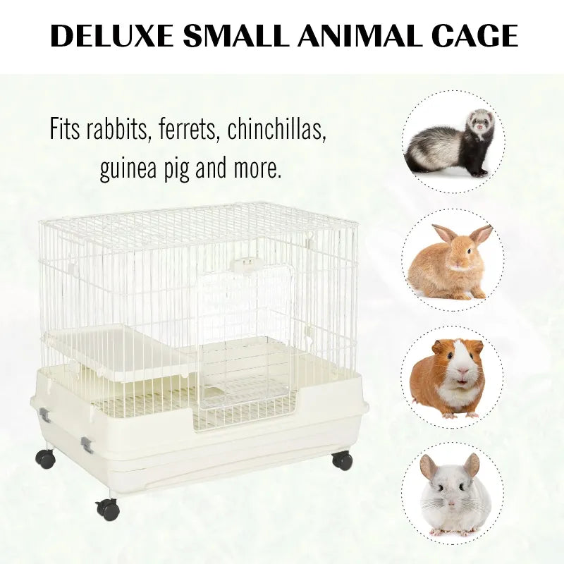 PawHut 2-Level Small Animal Cage Rabbit Hutch with Wheels, Removable Tray, Platform and Ramp for Bunny, Chinchillas, Ferret, White