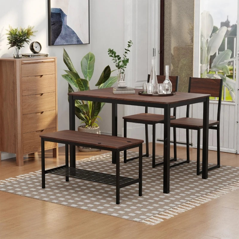 HOMCOM Industrial Dining Table Set, Kitchen Table and Chairs for 4, Dinner Table with Bench Set with Metal Frame & Storage Shelf, 4 Piece Dinette Set for Dining Room, Rustic Brown