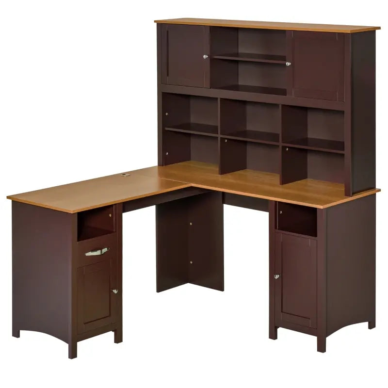 HOMCOM L-Shaped Computer Desk with Storage Shelves, Home Office Desk with Drawers and Cabinets, Coffee Brown