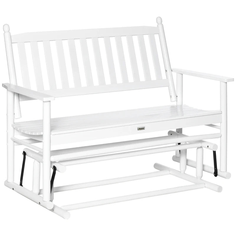 Outsunny Wooden Outdoor Glider Bench for Two People, Patio Loveseat Swing Rocking Chair with Armrest, Slatted Seat and Backrest, White