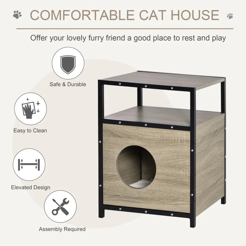 PawHut Wooden Cat House Kitty Shelter Bed with Cushion Cat litter box End Table Hideaway Cabinet with Storage Grey - 19" x 15.75" x 25.5"