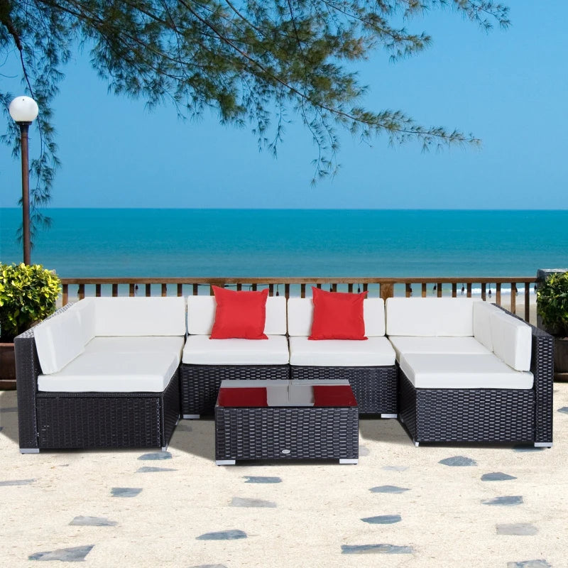 Outsunny 7 Piece Outdoor Rattan Patio Conversation Furniture Set Garden Wicker Cushioned  Sectional Sofa