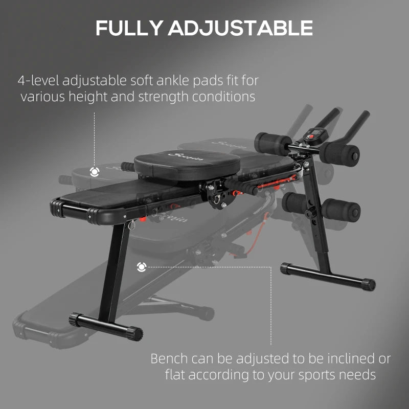 Soozier Multi-Purpose Ab Workout Equipment, Foldable Ab Machine, Adjustable Sit Up Bench & Weight Bench, Abdominal Cruncher with Resistance Bands & LCD Display