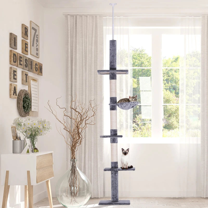 PawHut Floor-to-Ceiling Cat Tree Cat Climbing Tower with Sisal-Covered Scratching Posts Natural Cat Tree Activity Center, Grey