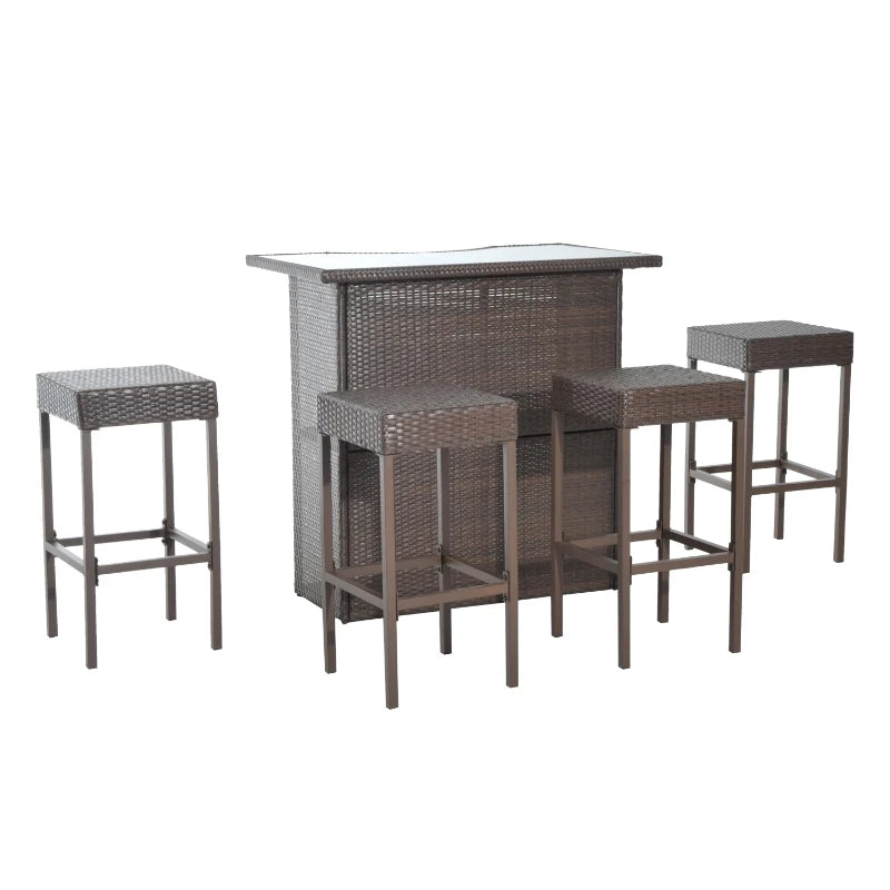 Outsunny 5 Pcs Rattan Wicker Bar Set with Glass Top Table and 2 Tier Storage Shelf, 1 Table and 4 Bar Stools for Outdoor, Patio, Garden, Poolside