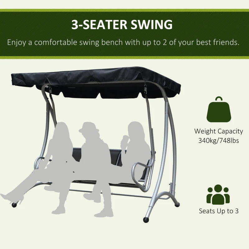 Outsunny 3-Seat Outdoor Porch Swing Chair, Patio Swing Glider with Adjustable Canopy, Breathable Seat, and Steel Frame for Garden, Poolside, Backyard, Gray