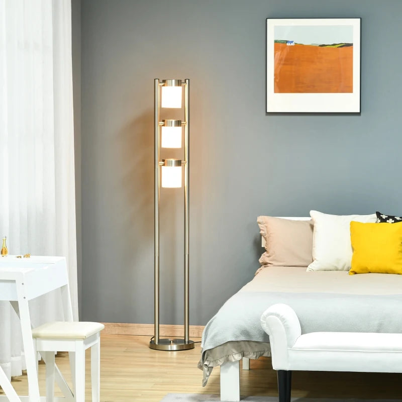 HOMCOM Modern Metal Standing Floor Lamp Bedroom Light w/ 3 Adjustable Lights, Silver