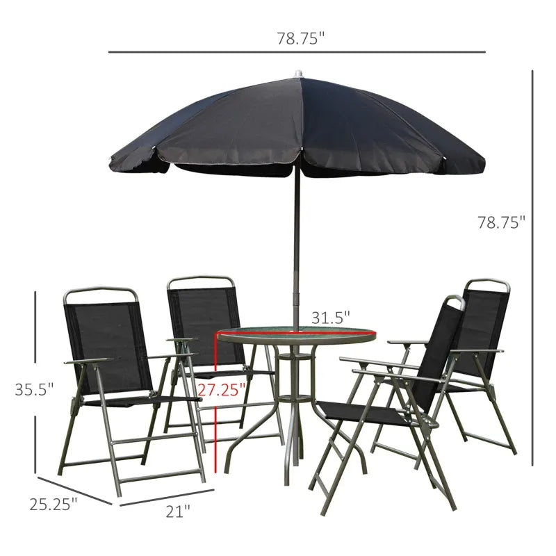 Outsunny 6 Piece Patio Dining Set for 4 with Umbrella, Outdoor Table and Chairs with 4 Folding Dining Chairs & Round Glass Table for Garden, Backyard and Poolside, Beige