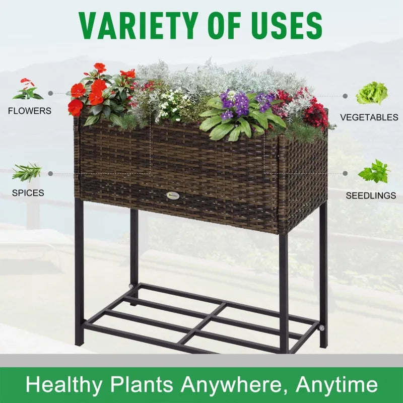 Outsunny Outdoor Flower Stand with legs, Rattan Wicker Look, Tool Storage Shelf, Portable Design for Herbs, Vegetables, Flowers, Brown