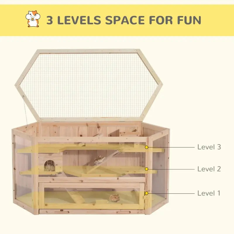 PawHut 3-Tier Extra Large Wooden Hamster Cage with Seesaws, Small Animal Cage and Habitat, Mice, Rat, Gerbil, & Hamster Habitat, Ladder, Feeding Bowl, Openable Top and Front Door