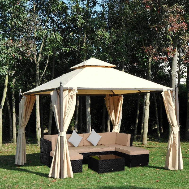 Outsunny 10' x 10' Outdoor Gazebo with Netting and Curtains, Patio Gazebo Canopy with 2-Tier Soft Top Roof and Steel Frame for Lawn, Garden, Backyard and Deck
