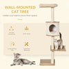 PawHut Cat Tree 4pc Pet Mounted Shelf Set, Feed Bowl, Climbing Hammock, Shelves, Beige