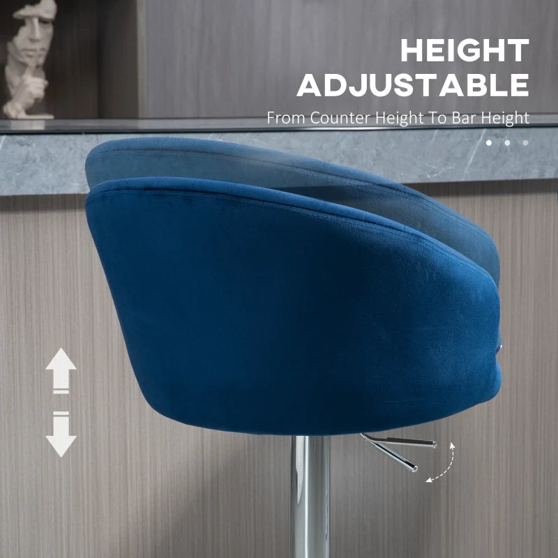 HOMCOM Modern Upholstered Adjustable Barstools with Swivel Seat, Velvet Touch Fabric, Steel Frame, Footrest, ‎Blue