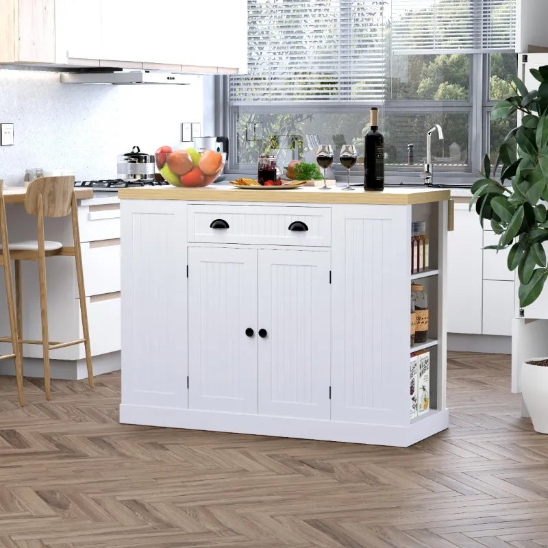 HOMCOM Fluted-Style Wooden Kitchen Island, Storage Cabinet with Drawer, Open Shelving, and Interior Shelving for Dining Room, White